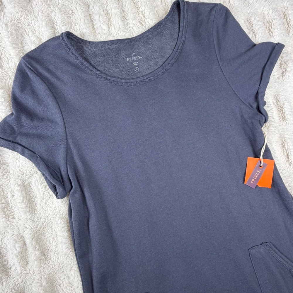 Freely Zoe Tee Dress Ombre Blue Short Sleeve French Terry Pocket Mini Small NEW